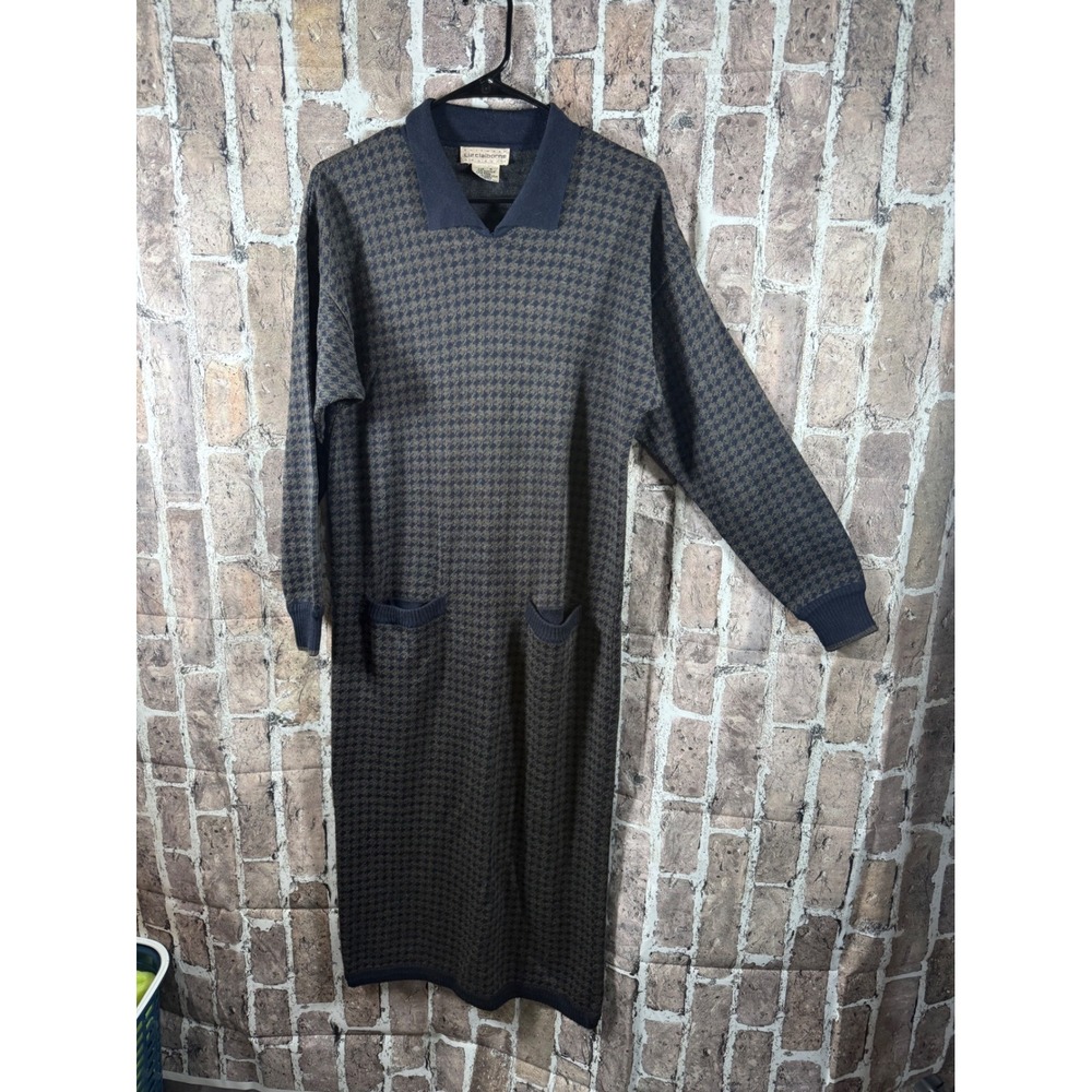 Vtg 80s Liz Claiborne Wool Blend Knit Sweater Dress M Houndstooth Polo Pocket
